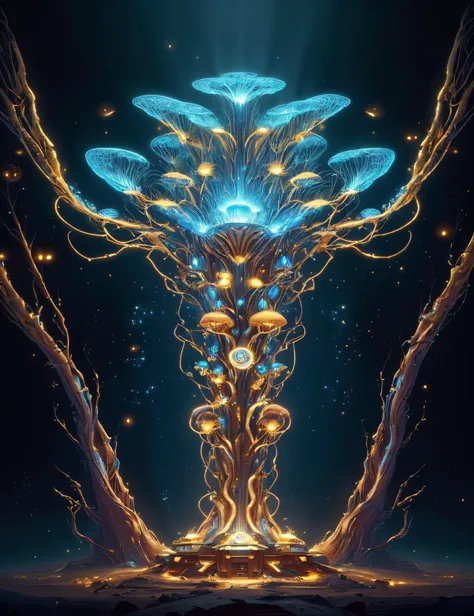 ((best quality)), ((masterpiece)), ((realistic,digital art)), (hyper detailed), worldoflight, gold and blue,divine holy light,heavenly, Bicolored Compact Conical Smooth mushroom, Curled, Fungal Filaments Entwined with Roots, Suburban, Clustered, Terracotta Gills with Anastomosing Veins, Milky Latex,,Wrinkled Hymenium, Health-promoting, , octane rendering, raytracing, volumetric lighting, Backlit,Rim Lighting, 8K, HDR, smooth, gold, scifi <lora:WorldofLight:0.85>