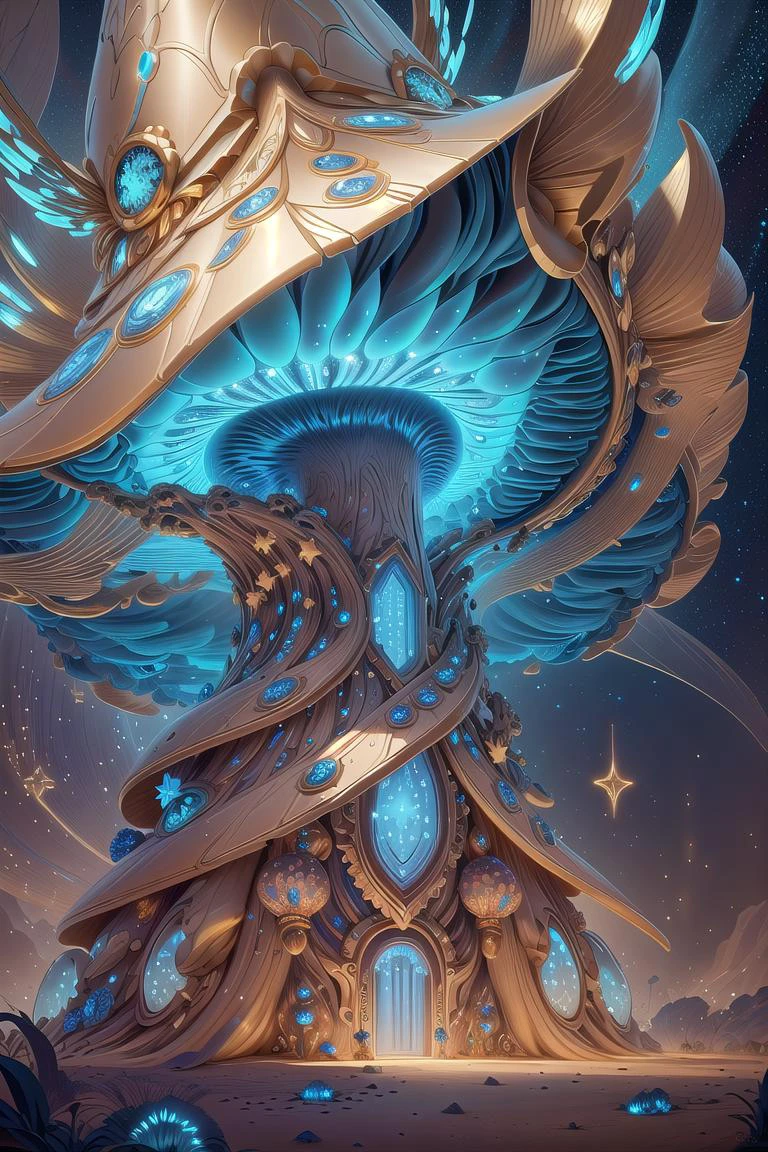 An award-winning digital image of a worldoflight giant mushroom, stars, at night, colorful, (masterwork:1.2), (dynamic lighting:1.1), intricate details, hd, 8k, gold and blue<lora:morph_taintedcoil2_WorldofLight:0.789>