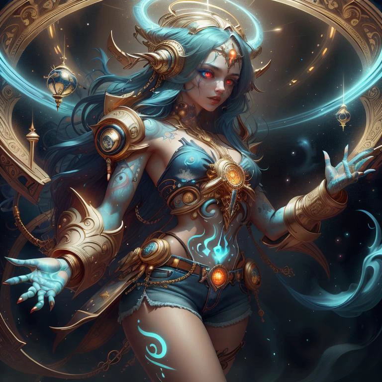 <lora:WorldofLight:0.8> worldoflight, divine holy light, scifi,
1girl, tattoos, glowing tattoos, glowing eyes, colored glowing hair , shorts,
<lora:DemonicTech-20:0.8>, demonictech ,
