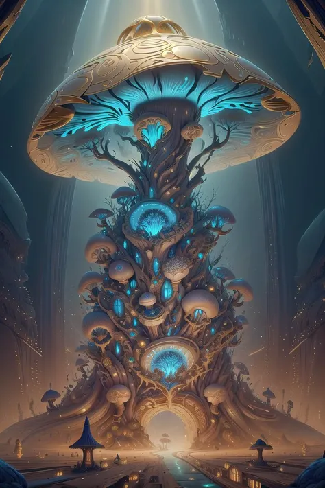 An award-winning digital image of a worldoflight giant mushroom, horror, city, (masterwork:1.2), (dynamic lighting:1.1), intricate details, hd, 8k, gold and blue<lora:morph_taintedcoil2_WorldofLight:0.833>