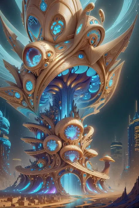 An award-winning digital image of a worldoflight giant mushroom, colorful, city, (masterwork:1.2), (dynamic lighting:1.1), intricate details, hd, 8k, gold and blue<lora:morph_taintedcoil2_WorldofLight:0.943>
