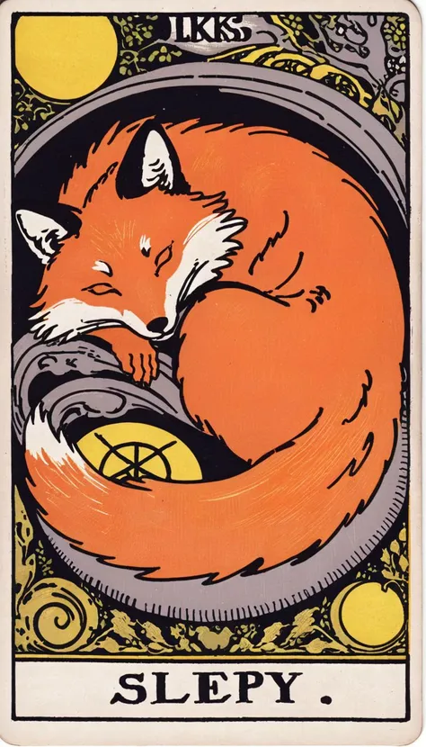 lks73zb1, tarot card of a curled up sleeping fox, text SLEEPY
detailed, masterpiece,
<lora:Rider-Waite-Smith tarot:1> lks73zb1, <lora:EnvyBetterHiresFixXL01:0@0,0@.49,1@.5:hr=1>