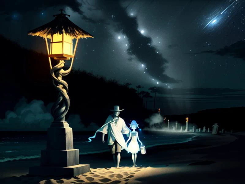 Graveyard on the beach,  death carrying lantern ethereal attractive ghost woman by his side, in requiem. summer nights, beach clothing, starry night sky, ground fog, brush style, black and white colors , dramatic lighting , 2 people <lora:setzstyle7:1>