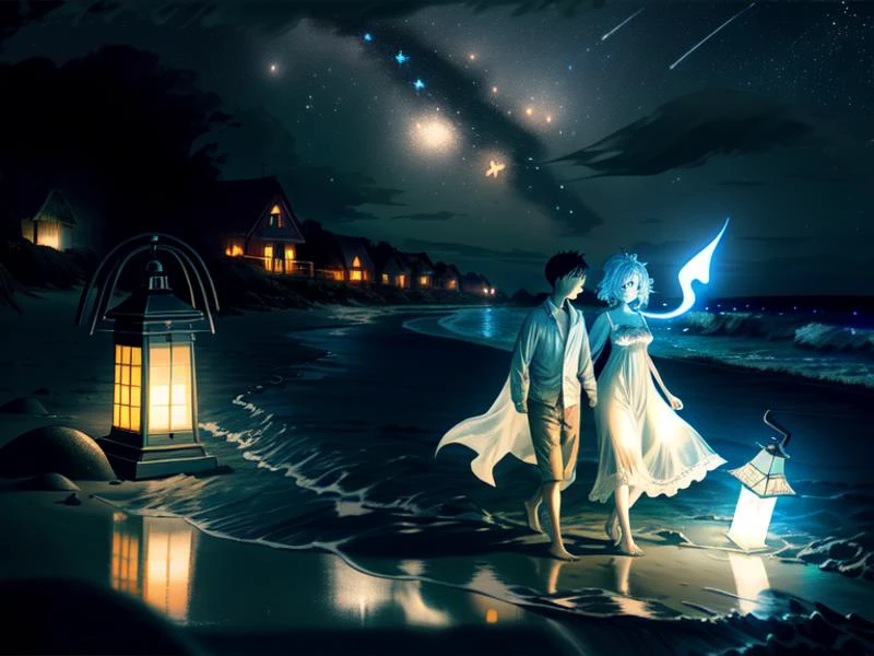 Graveyard on the beach, death carrying lantern ethereal attractive ghost woman by his side, in requiem. summer nights, beach clothing, starry night sky, ground fog, brush style, black and white colors , dramatic lighting , 2 people <lora:setzstyle7:1>