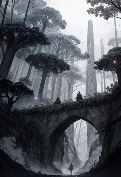 (Silhouette Art), breathtaking manga landscape, ancient elven forest, bridges span the trees and brightly lit houses nestled in the trees, warm fantasy feel,