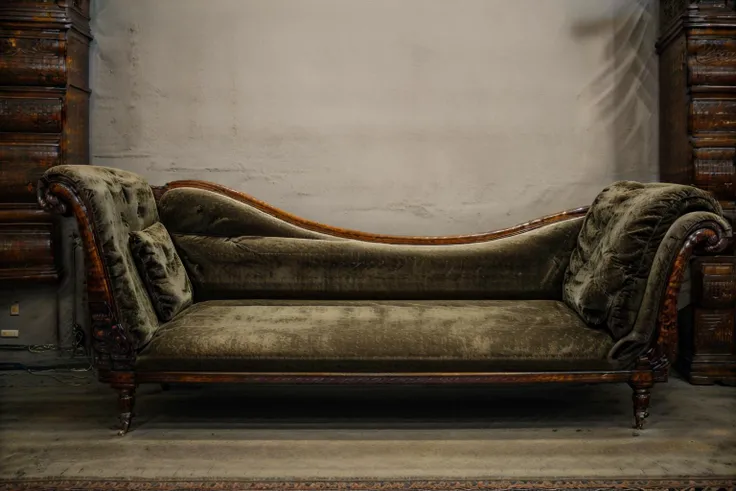 RAW photo, highres, sharp focus, extremely detailed, masterpiece, cinematic lighting, (((film grain))), ((old castle)), indoors, dim lit, <lora:add_detail:1.5> , chaiselounge,  <lora:chaiselounge:1>