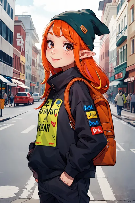 1girl,
bangs, eyelashes,
elf, red eyes,hands in pocket, beanie,
multicolored hair, long hair, smile,
looking at viewer,
street wear, baggy clothes, black shirt,
<lyco:mikaPikazoStyleLocon_v30lLocon:0.8>