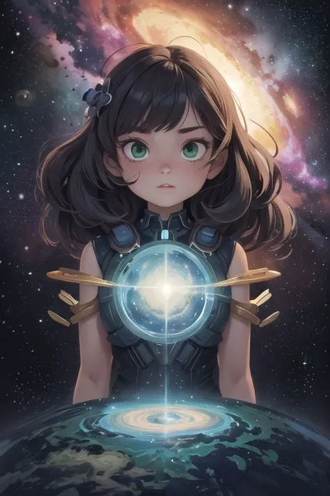 1girl, center of universe, nebula around, galaxy, stars, beautiful art, giant girl, green eyes,