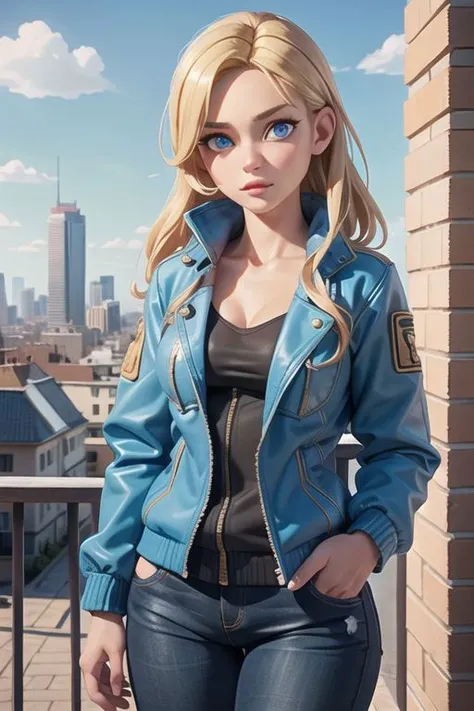 1women, blue eyes, ((small breast)), ((jacket outfit)),wide hips, thick things, ((blonde hair)), city, among apartment
((perfect realistic eyes)),((beautiful face)),(((best quality, masterpiece))),(((extreme realistic))),