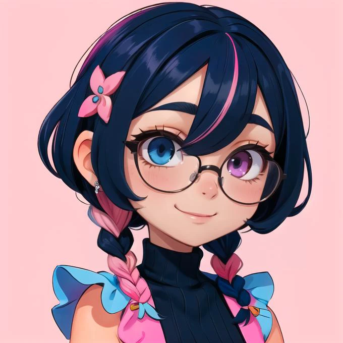 ultra detailed, masterpiece, best quality, solo, 1other, androgynous, 1boy, otoko no ko, heterochromia,(blue eyes, pink eyes:1.3), medium hair, black hair, bangs, hair between eyes, flipped hair, hair over eyes, multicolored eyes, colorful, frills, cute, petite, hair flaps, glasses, x hair ornament, shy, multicolored hair, flat chest, side braid, sleeveless turtleneck, light smile, mole under eye, eyelashes, (pink colored eyelashes:1.3),