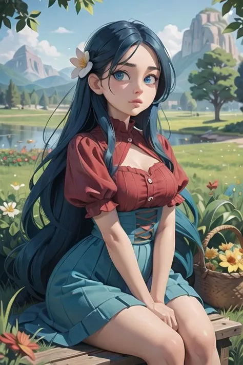 women, village outfit, perfect blue eyes, blue hair , long hair ,wide hips, wide things, slim waist, flower basket, sitting under the tree, mountain, flowers , plants,((beautiful face)),(((best quality, masterpiece))),(((extreme realistic)))