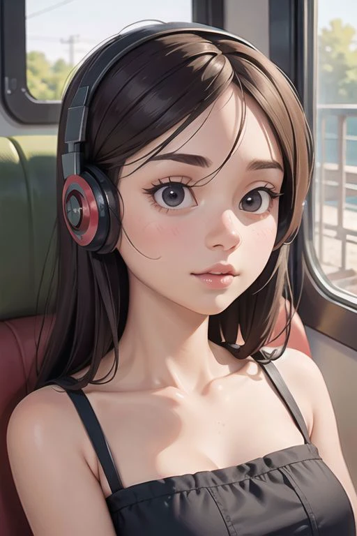 1girl, looking outside, in train, modern, headsets, relaxing , intricate details, ((beautiful face)),(((best quality, masterpiece))),(((realistic)))