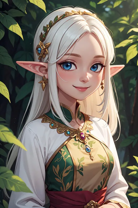 masterpiece, (extremely detailed:1.2), evening, extremely detailed skin, elf girl, walking through bushes, smiling, intricate expensive silk clothes, head tilt, half-closed detailed eyes, blue eyes, hair ornament, hair tied, jewels, forest background, white hair,