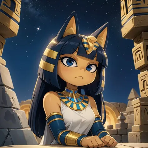 <lora:Ankha_v2_RETRAIN:0.6> ankha, tail, long hair, soft lighting, (dramatic angle:1.25), fantastic colorful, (masterpiece:1.2), ultra-detailed, (best quality), illustration, 1 girl, looking up, solo, upper body, detailed face, (OldEgyptAI, ancient egyptian theme:1.1) aristocrat, soft smile, flowing hair, ancient white tunic, copper accessories, egyptian mythology, height of ancient egypt, Cairo, desert, white marble pyramids, egyptian hieroglyphs, classical era, stone archways, mediterranean landscape, cliffs in background, night, darkness, stars, aura of light, epic atmosphere, floating stone particles,