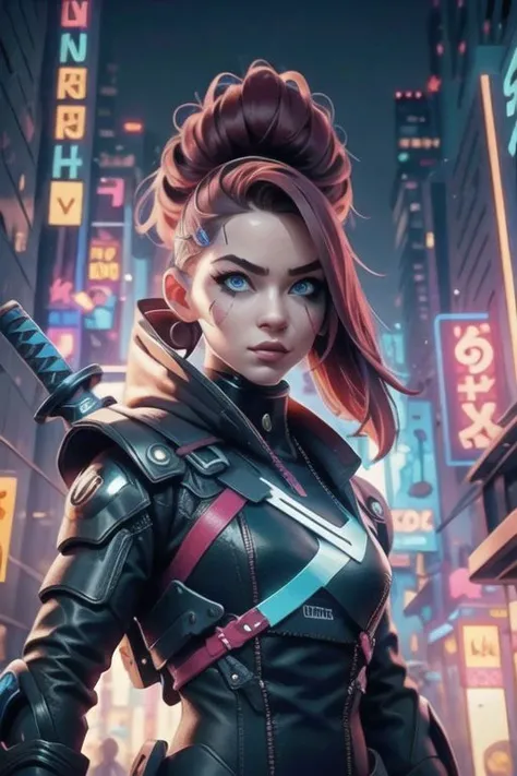 1girl, expressive eyes, realistic blue eyes, cyber style body parts, mechanic hands, cyberpunk city background, cyberpunk lighting, ((expressive eyes)),((beautiful face)),(((best quality, masterpiece))),(((realistic))),<Cyberpunk Style:1>,<cybersamurai:1>,<holding weapon:1>,<holding sword:1>,<glowing:>