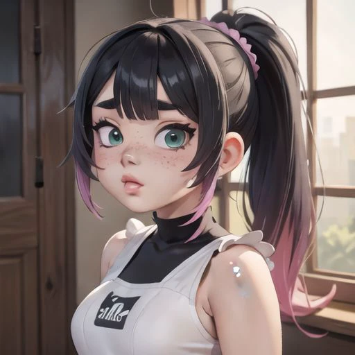 highres, masterpiece, 1girl, solo, looking at viewer, clamEmma, <lora:clamEmma:0.6>, skintight, jean shorts, high socks, side-swept bangs, black hair, pink IncursioDipDyedHair, messy mid ponytail, green eyes, thick eyebrows, freckles, perfect lighting, bloom, cinematic lighting, <lora:DipDyedHair:1> <lora:weight_slider_v2:0.5>