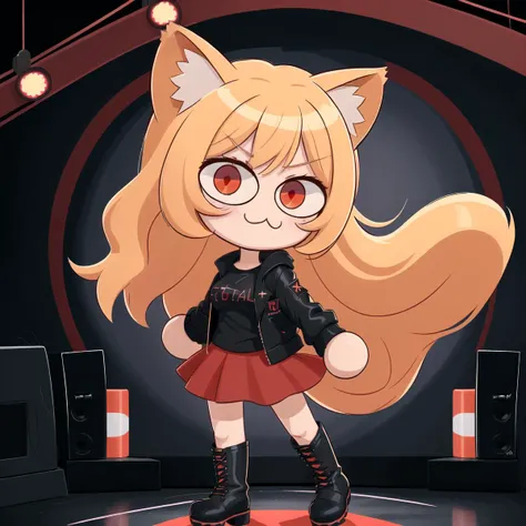 1girl, night beach, music scene, outdoor, black jacket, Red T-shirt, dancing ,blond hair, rock star, <lora:Neco-Arc:0.7>, cat ears, animal ears, cat girl, necoarc, :3, long skirt, boots, red eyes