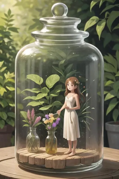 masterpiece, best quality, glass jar, 1girl standing inside a jar (naked body, small breasts), jar, hands holding the edges of the jar, nature on the background, flower, standing, Garden