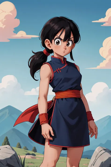 masterpiece, best quality, highres, dragon ball, bbchichi, (low ponytail:1.1), black eyes, chinese clothes, blue dress, sleeveless, wristband, sash, <lora:chi-chi_v1:0.6>, looking at viewer, cowboy shot, standing, outdoors