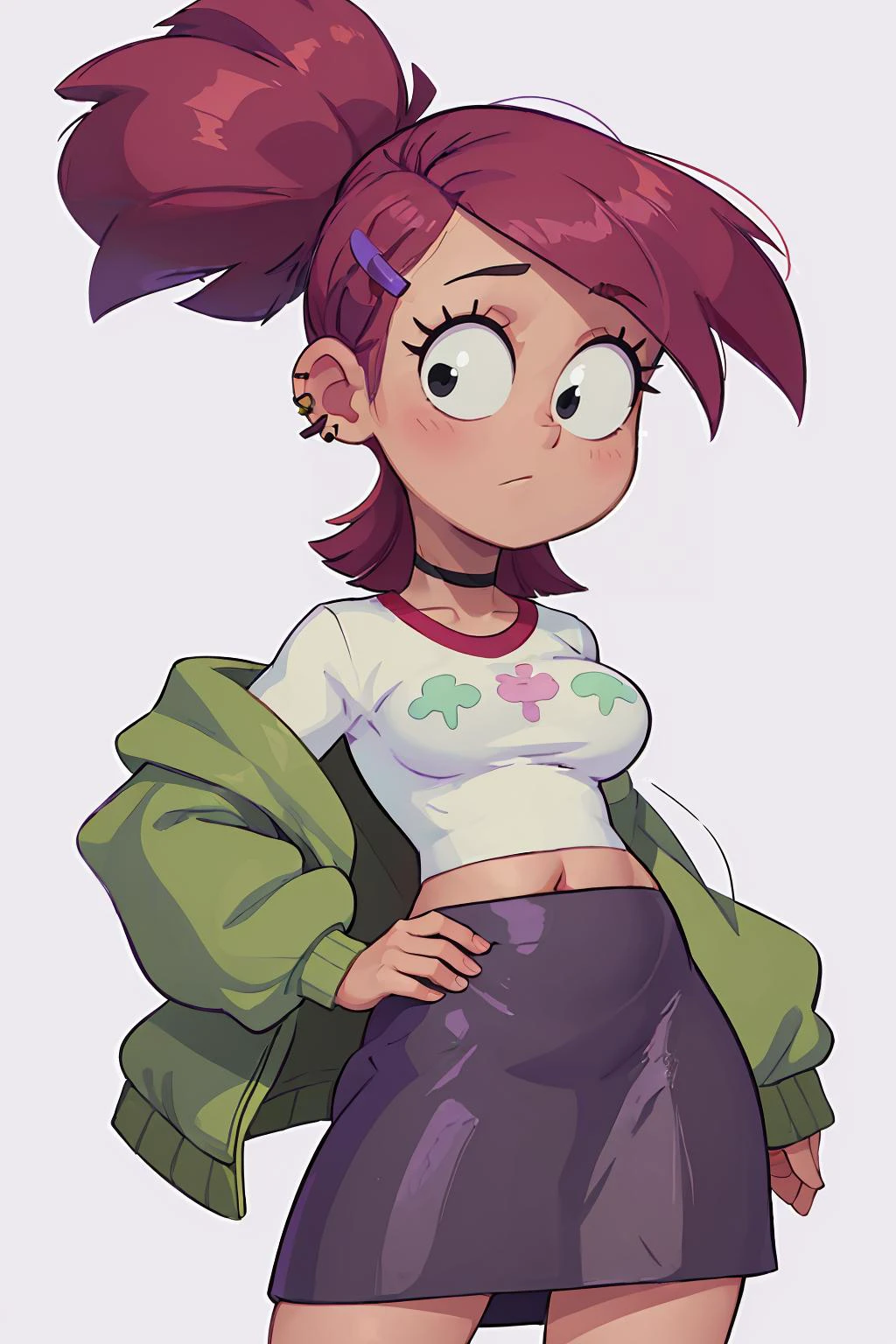 (masterpiece, best quality:1.2), <lora:frankiefoster:.95>, frankiefoster, 1girl, solo, breasts, skirt, medium breasts, shirt, hair ornament, jacket, white shirt, ponytail, choker, hairclip, midriff, crop top, black choker, purple skirt, green jacket, cropped shirt, mansion background, standing, reflection, hands on hips,