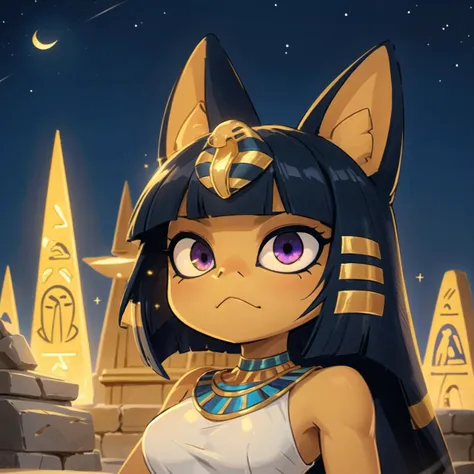 <lora:Ankha_v2_RETRAIN:0.6> ankha, tail, (magical glowing eyes:1.1), soft lighting, (dramatic angle:1.25), fantastic colorful, (masterpiece:1.2), ultra-detailed, (best quality), illustration, 1 girl, looking up, solo, upper body, detailed face, (OldEgyptAI, ancient egyptian theme:1.1) aristocrat, soft smile, flowing hair, ancient white tunic, copper accessories, egyptian mythology, height of ancient egypt, Cairo, desert, white marble pyramids, egyptian hieroglyphs, classical era, stone archways, mediterranean landscape, cliffs in background, night, darkness, stars, aura of light, epic atmosphere, floating stone particles,