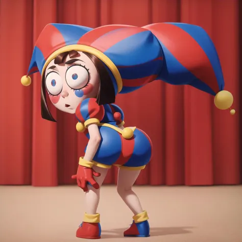 <lora:pomni:0.8>, pomni, solo, gloves red and blue, hat, pom pom (clothes), facepaint, jester cap, clown, standing, full body, ass focus, from behind, looking back, embarrased, blushing