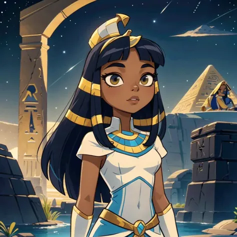 <lora:CleopatraLora-10:0.6> cleopatra, dark-skinned female, , long hair, makeup, small breasts, soft lighting, (dramatic angle:1.25), fantastic colorful, (masterpiece:1.2), ultra-detailed, (best quality), illustration, 1 girl, looking up, solo, upper body, detailed face, (OldEgyptAI, ancient egyptian theme:1.1) aristocrat, soft smile, flowing hair, ancient white tunic, copper accessories, egyptian mythology, height of ancient egypt, Cairo, desert, white marble pyramids, egyptian hieroglyphs, classical era, stone archways, mediterranean landscape, cliffs in background, night, darkness, stars, aura of light, epic atmosphere, floating stone particles,