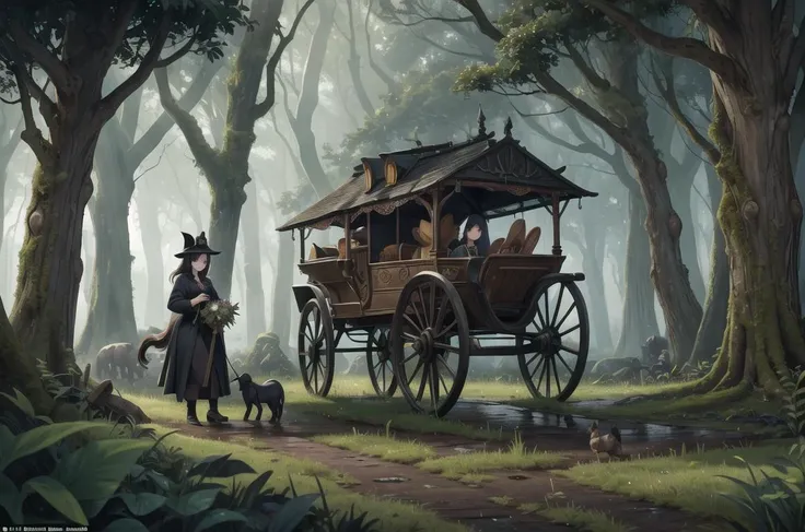 (masterpiece, best quality, ultra-detailed), in a forest with giant trees, dark, spooky, rainy, gothic, carriage on road, horse, soldiers