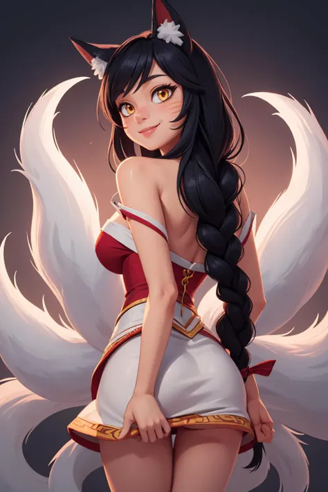 masterpiece, best quality, 1girl, IncrsAhri, <lora:Ahri:1>, multiple tails, fox tail, korean clothes, skirt, braid, arms behind back, seductive smile,