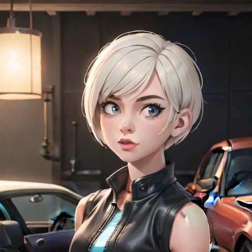 a woman (wearing a leather vest:1.2), (face closeup:1.1), (short white hair:1.1), (short haircut:1.2),  (8k, RAW photo, best quality, masterpiece:1.2), (realistic, photo-realistic:1.2), ultra-detailed, (high detailed skin:1.1), 8k uhd, dslr, soft lighting, high quality, film grain, Fujifilm XT3, professional lighting, photon mapping,  best quality, ultra high res, (photorealistic:1.1), (in a car garage:1.4) <lora:DI_belle_delphine_v1:1.0>