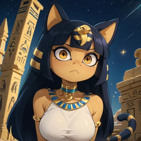 <lora:Ankha_v2_RETRAIN:0.6> ankha, tail, soft lighting, magical glowing eyes, cat ears, (dramatic angle:1.25), fantastic colorful, (masterpiece:1.2), ultra-detailed, (best quality), illustration, 1 girl, looking up, solo, upper body, detailed eyes, (OldEgyptAI, ancient egyptian theme:1.1) aristocrat, ancient white tunic, copper accessories, egyptian mythology, height of ancient egypt, Cairo, desert, white marble pyramids, egyptian hieroglyphs, classical era, stone archways, mediterranean landscape, cliffs in background, night, darkness, stars, aura of light, epic atmosphere, floating stone particles,
