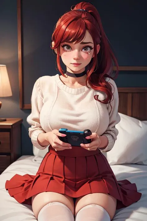 (masterpiece, best quality, ultra-detailed:1.2),highres,intricate details,detailed face,detailed eyes, ((beautiful face)),(((realistic))),cute face ,dreamlikeart, raytracing,1girl, 18 yo, nsfw, huge breasts, light red hair, ponytail, long hair,tears ,on bed,
choker, white sweater, red skirt, white panty,white thighhighs, holding, holding handheld game console , looking_at_screen,