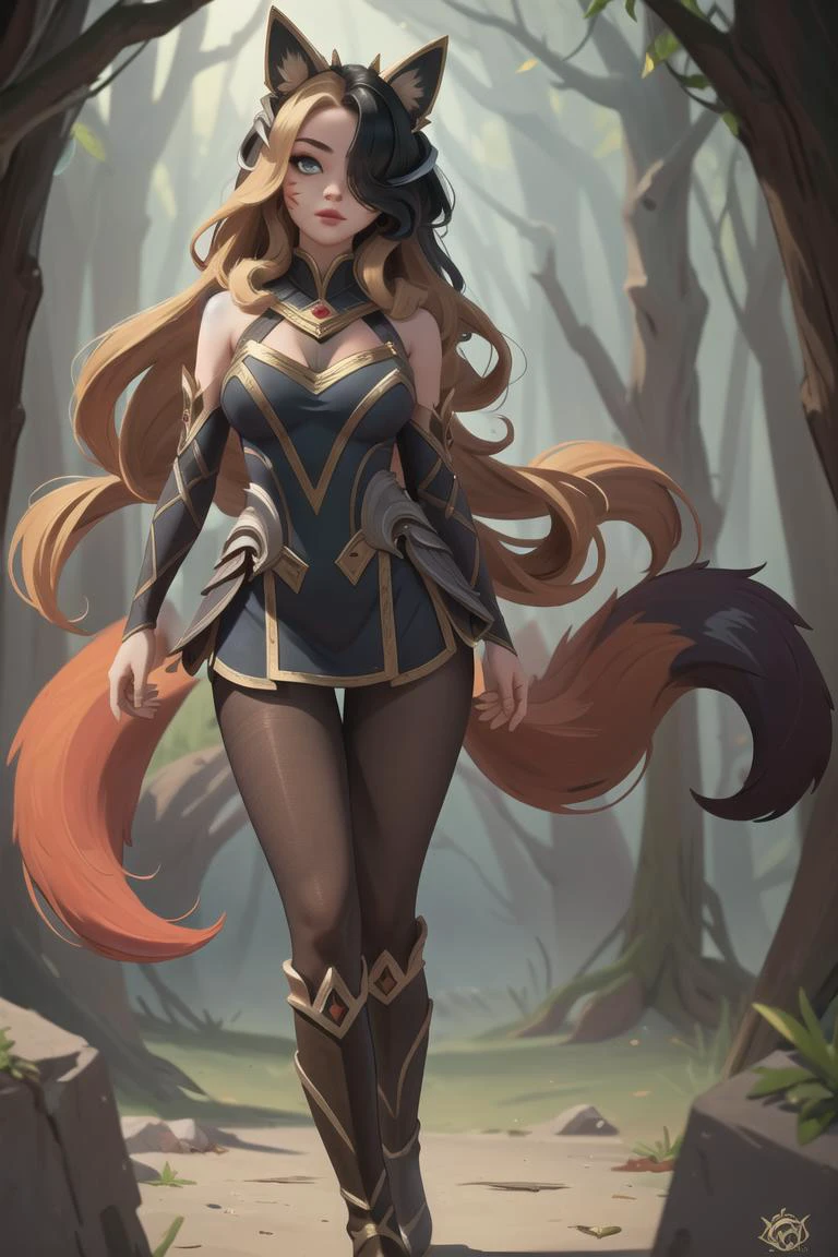 (masterpiece, best quality, high quality:1.4), 1girl, <lora:AhriCoven:0.8> IncrsAhriCoven, facial mark, hair over one eye, fox tail, multiple tails, pantyhose, boots