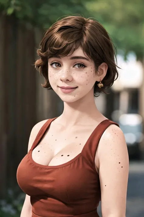 1girl, bare shoulders, blurry, blurry background, blurry foreground, breasts, brown eyes, cleavage, depth of field, dirty, freckles, lips, looking at viewer, mole, mole on breast, mole on neck, mole on thigh, mole under eye, mole under mouth, photo \(medium\), realistic, red shirt, smile, solo, upper body<lora:sophialilis:0.7>