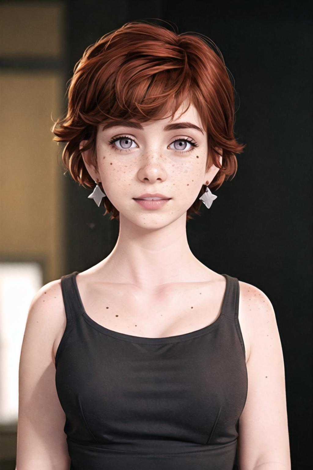 A woman with red hair and a black top posing for a picture - SeaArt AI