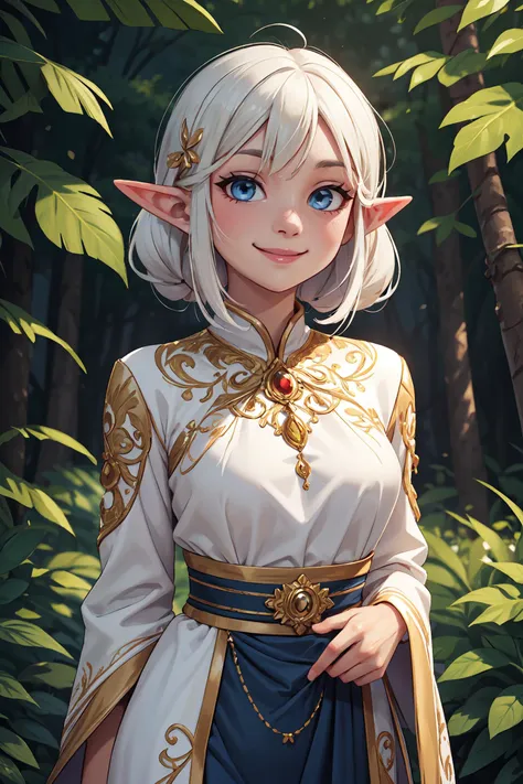 masterpiece, (extremely detailed:1.2), evening, extremely detailed skin, elf girl, walking through bushes, smiling, intricate expensive silk clothes, head tilt, half-closed detailed eyes, blue eyes, hair ornament, hair tied, jewels, forest background, white hair,