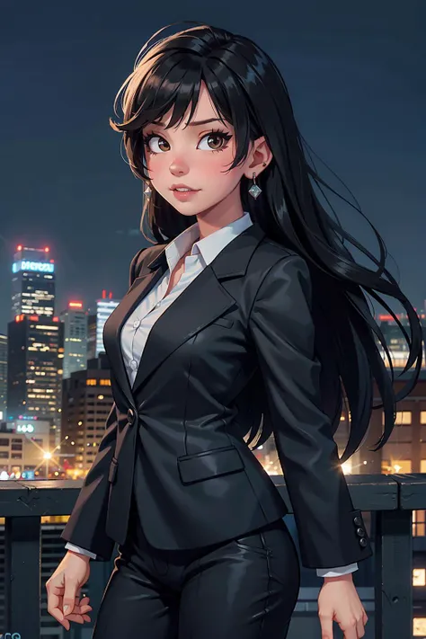 nikon RAW photo,8 k,Fujifilm XT3,masterpiece, best quality, 1girl,solo,realistic, photorealistic,ultra detailed, diamond stud earrings, long straight black hair, hazel eyes, serious expression, slender figure, wearing a black blazer and white blouse, standing against a city skyline at night <lora:DI_belle_delphine_v1:1.0>