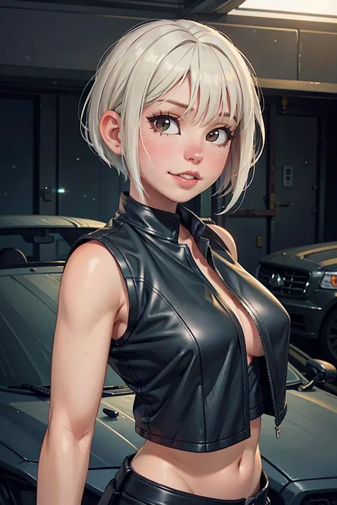 (((Perfect body,White and tender skin,(((black leggings,Black leather jacket,Wear a white tube top ))),(((T5un4D3, Light yellow long hair, blue purple mark on forehead, light yellow thin short eyebrows, bright brown pupils, light red lips))),((masterpiece)),high resolution, ((Best quality at best)),masterpiece,quality,Best quality,((( Exquisite facial features,Looking at the audience,There is light in the eyes,Smile))),))),(((Light and shadow,Huge breasts,))),(((Looking at the camera,black background,)))),