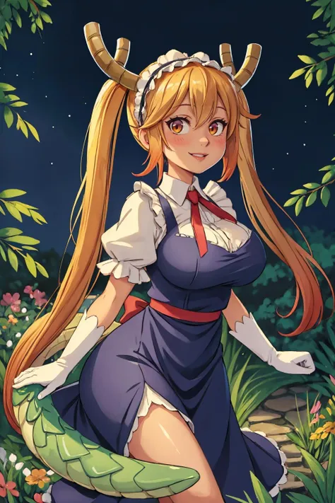 (masterpiece, best quality, glowing light, ultra detailed, detailed background, complex background), (perfect face, detailed face), (mature female, milf:1.4), thighs, light smile, parted lips, full-face blush, <lora:Tohru:1>, tohru, 1girl, long hair, horns, dragon horns, solo, dragon girl, twintails, looking at viewer, maid headdress, slit pupils, large breasts, maid, gloves, white gloves, hair between eyes, tail, dragon tail, short sleeves, dress, scales (outdoors, garden, dragon tail, tail, scales)