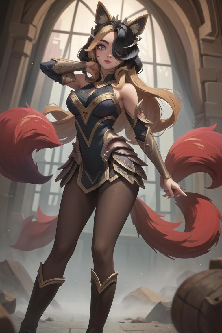 (masterpiece, best quality, high quality:1.4), 1girl, <lora:AhriCoven:0.8> IncrsAhriCoven, facial mark, hair over one eye, fox tail, multiple tails, pantyhose, boots