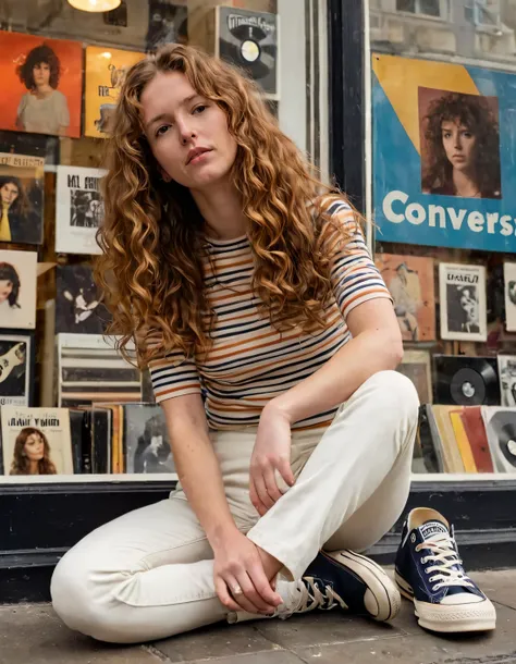 Femke Quintana stood contemplatively in front of the vintage record store's display window, her long curly brown hair cascading as she leaned casually on its sill with a thoughtful expression, framed by a low-angle shot capturing her outfit that included a striped Breton-style top, billowy white pants and worn-out Converse sneakers - all while the vibrant colors of the vintage records and album covers created a stunning backdrop to this poetic scene. <lora:yxpmlq18f5ad5b3e4q404:1>