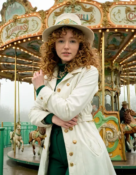 Femke Quintana, her curly brown hair and bright green eyes standing before the vintage carousel in an old amusement park on a foggy morning, donned in a flowing white coat with intricate gold embroidery and a matching hat embellished by a delicate silver charm, captures a memorable pose for the vintage film camera angled above as she balances one leg bent and the other straight, her arms relaxed by her sides with hands dangling loosely at hip level, the scene exuding drama and mystery. <lora:jpigmk18f5adef41bt41d:1>