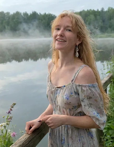 Femke Quintana, clad in her flowing sundress, stands enchantingly on the aged wooden dock by the misty lake, her blonde hair blowing gracefully in the breeze, as she looks directly at the viewer with a warm smile revealing gleaming teeth; her blue eyes dart to nearby wildflowers and the delicate plant, while her hands rest gently, one on the weathered rail and the other cradling her leather journal, as her earrings catch the light and her lips subtly form the shape of the words she's about to write. <lora:kisrin18f5ad188e9m3f9:1>