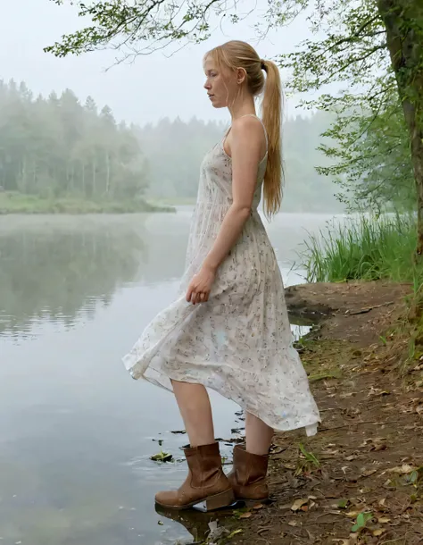 On a misty morning by the serene lake where Femke Quintana stands alone, her long blonde hair tied back in a loose ponytail, she dons a flowing white sundress with intricate delicate floral patterns and worn-out brown ankle boots that seem to have been kissed by the morning dew; gazing intently at the calm waters while exuding both realism and a sense of solitude, her gaze seems to capture every viewer who observes this realistic scene, and yet she remains alone in her own serene world. <lora:jpigmk18f5adef41bt41d:1>