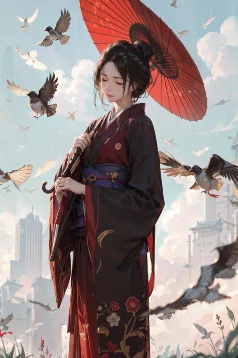 (masterpiece:1.2), best quality,realistic, emma,
1girl, bird, solo, outdoors, holding, japanese clothes, grass, black hair, kimono, weapon, closed mouth, long sleeves, closed eyes, gun, hanfu, hand fan, holding weapon, wide sleeves, standing, holding fan, bangs, umbrella, holding gun, chinese clothes, sky, artist name
<lora:emma_20230706172419:0.8>