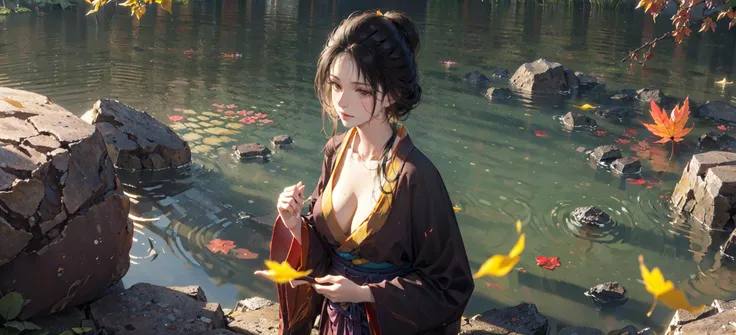 (masterpiece:1.2), best quality,game cg, emma,
Black hair, brown eyes, kimono, medium breast,show cleavage,upper body, standing in water,
Japanese courtyard, yellow leaves, autumn, pond, stone, dry landscape,koi,
<lora:emma_20230706172419:0.8>