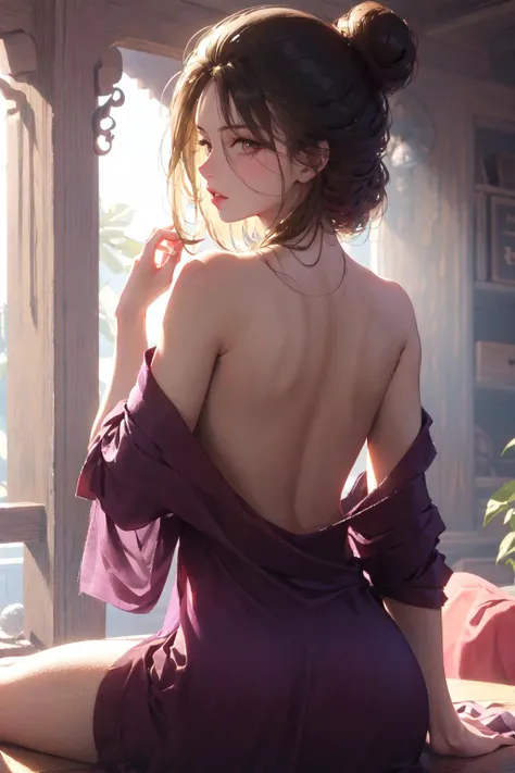 (masterpiece:1.2), best quality,pixiv, emma,
1girl, solo, black hair, dress, bare shoulders, indoors, looking at viewer, from behind, looking back, holding, purple dress, back, sitting, bare back, jewelry, long hair, hair bun, single hair bun, backless dress, barefoot, lips
<lora:emma_20230706225121-000007:0.9>