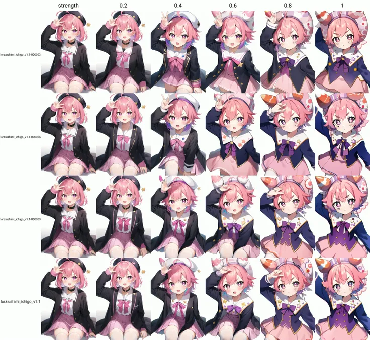 ushimi_ichigo, 1girl, 9 , (white school uniform:1.05), white long sleeves, pink wrists, pink skirt, white thighhighs with purple ring, star (symbol), symbol-shaped_pupils, purple eyes, pink_hair, bangs, short_hair, multicolored_hair, hair_between_eyes, hat, ahoge, v-shaped_eyebrows, 3/4 side, looking_at_viewer, solo, (white background:1.5), simple background,
<lora:ushimi_ichigo_v1.1-000003:strength>,