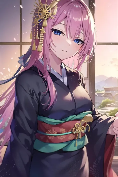 kayosudou, <lora:kayosudou-lora-nochekaiser:1>,
kayo sudou, blue eyes, pink hair, long hair, <lora:sleepy_v100:1>,
BREAK flower, flowes, green sash, hair ornament, japanese clothes, kimono, obi, red kimono, sash,
BREAK cowboy shot, looking at viewer,
BREAK indoors,
BREAK <lyco:GoodHands-beta2:1>, (masterpiece:1.2), best quality, high resolution, unity 8k wallpaper, (illustration:0.8), (beautiful detailed eyes:1.6), extremely detailed face, perfect lighting, extremely detailed CG, (perfect hands, perfect anatomy),