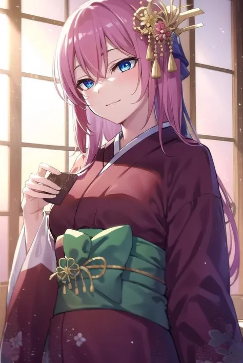 kayosudou, <lora:kayosudou-lora-nochekaiser:1>,
kayo sudou, blue eyes, pink hair, long hair, <lora:gekioko_v200:1>, smile,
BREAK flower, flowes, green sash, hair ornament, japanese clothes, kimono, obi, red kimono, sash,
BREAK cowboy shot, looking at viewer,
BREAK indoors,
BREAK <lyco:GoodHands-beta2:1>, (masterpiece:1.2), best quality, high resolution, unity 8k wallpaper, (illustration:0.8), (beautiful detailed eyes:1.6), extremely detailed face, perfect lighting, extremely detailed CG, (perfect hands, perfect anatomy),